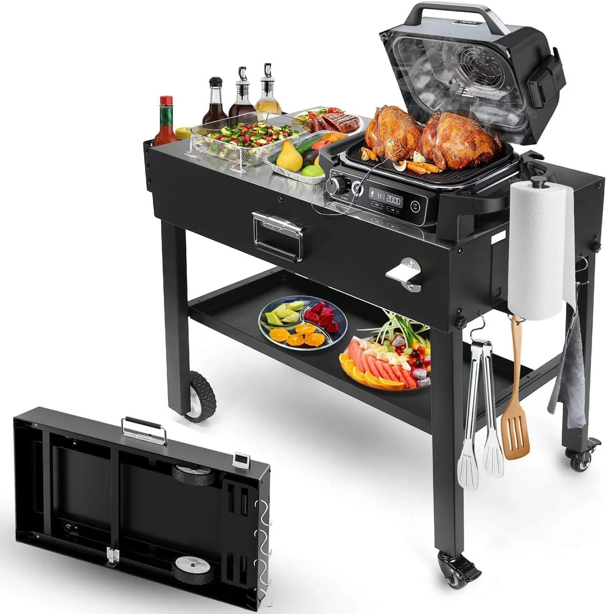 Foldable barbecue table cart, black stone portable frying pan, Onni pizza oven - Portable outdoor barbecue preparation table, equipped with a bag, very suitable for camping and tailgate events.