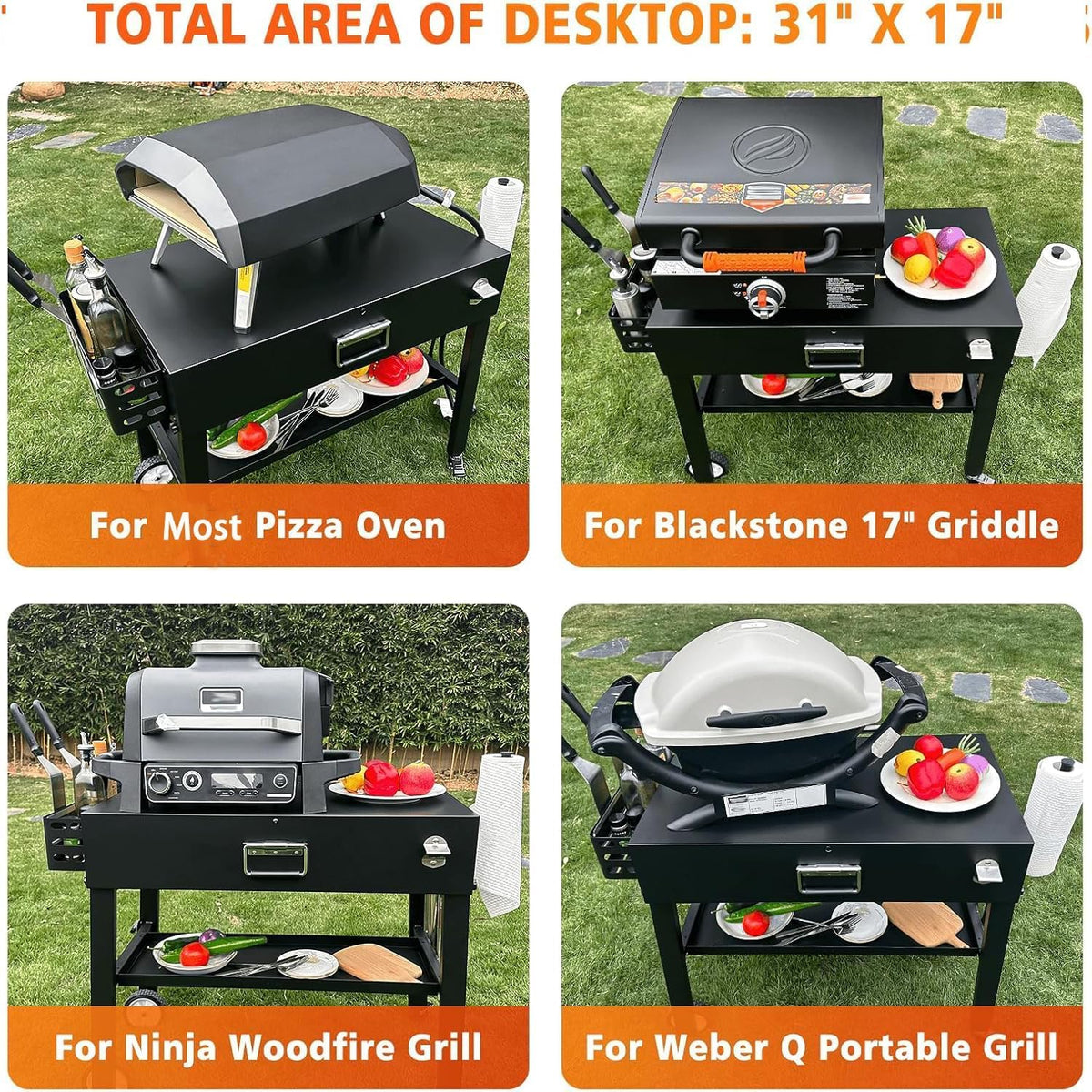 Foldable barbecue table cart, black stone portable frying pan, Onni pizza oven - Portable outdoor barbecue preparation table, equipped with a bag, very suitable for camping and tailgate events.