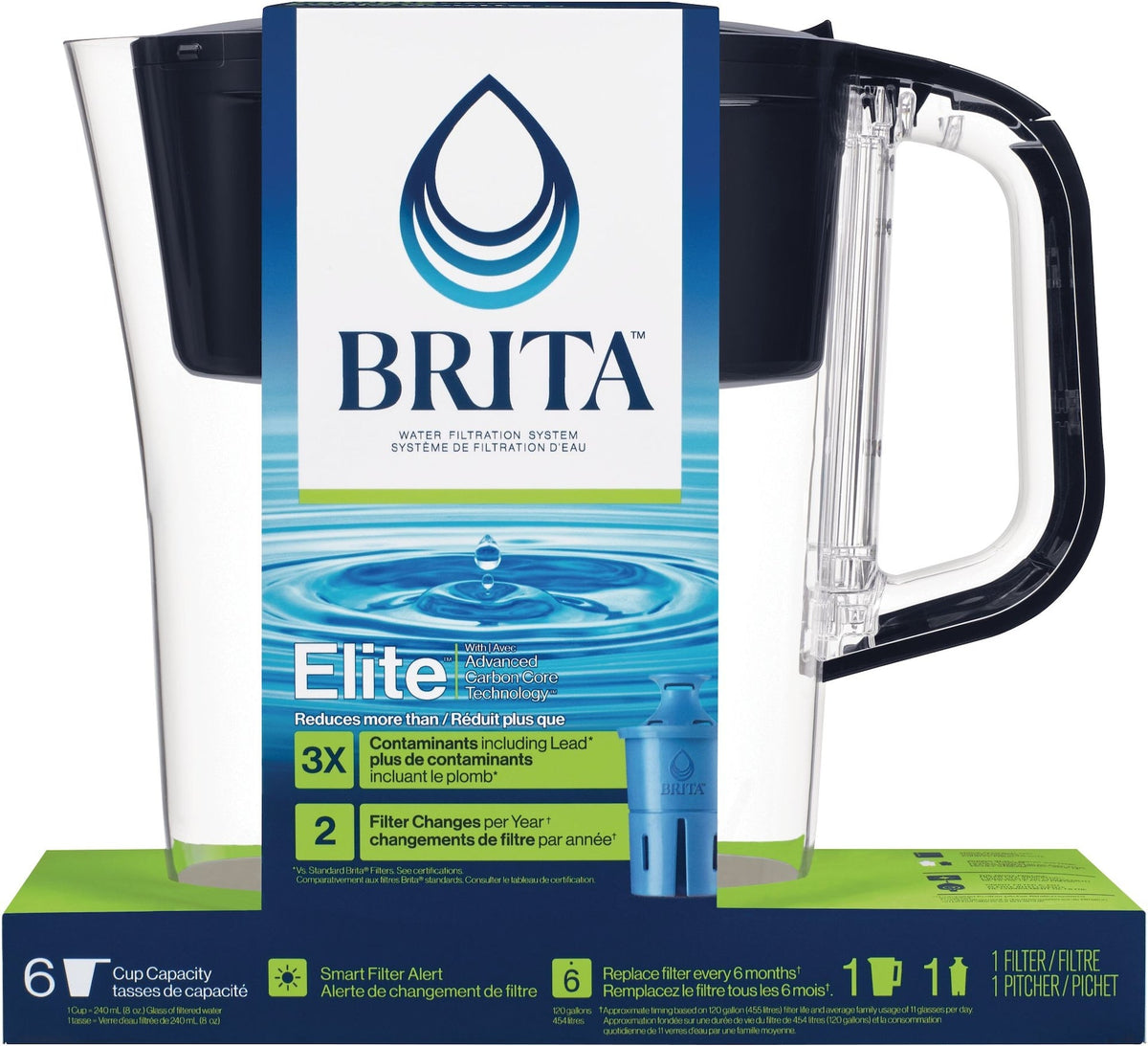 Denali Water Filter Pitcher with Elite Filter, BPA Free, 6 Cup, Black