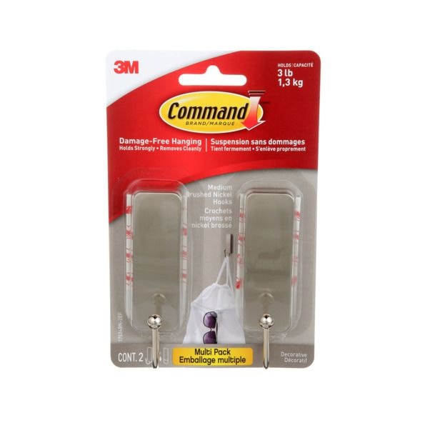 Medium Decorative Hooks with Adhesive Strips, Brushed Nickel, 3-lbs, 2 Strips per Pack