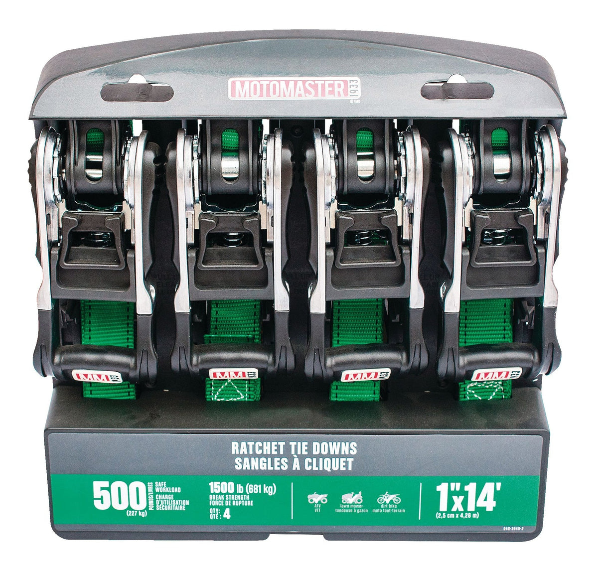 1,500-lb Ratchet Tie Down, with Padded D-Handle, 1-in x 14-ft, 4-pk, Green