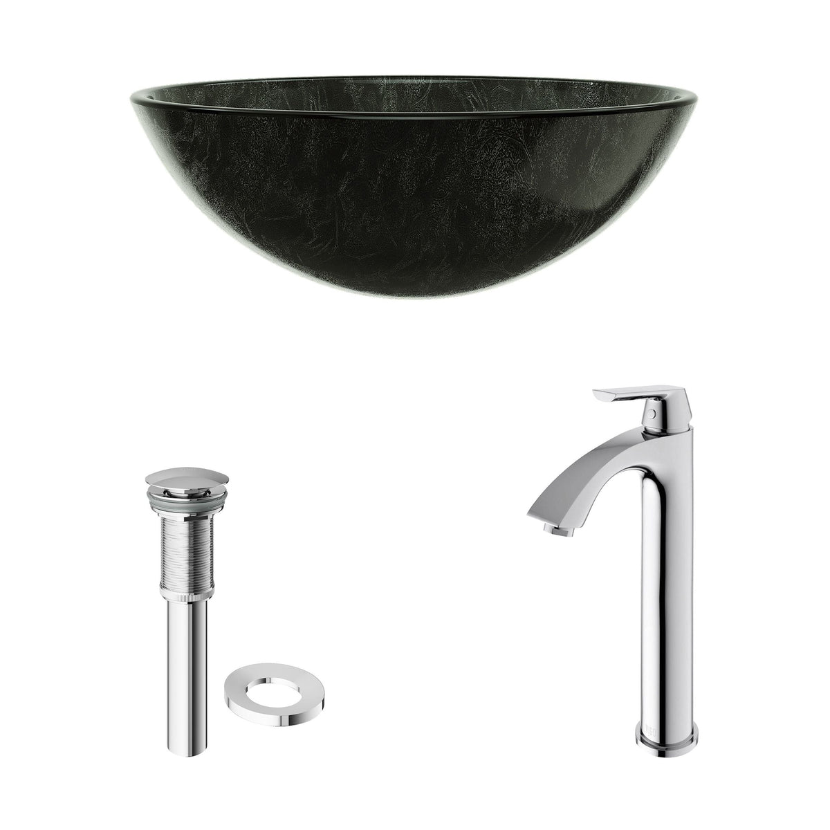 Glass Grey Onyx Bathroom Sink/Basin Set with Linus Faucet and Round Vessel