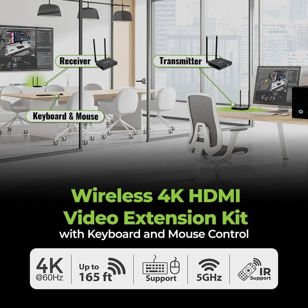 Wireless 4K HDMI Video Extender Transmitter and Receiver Kit (with keyboard and mouse control) - Wireless channel pairing - 4K 60Hz, maximum transmission distance up to 165 feet, equipped with HDMI local output interface