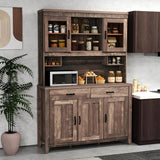 78.5-inch high kitchen cabinet storage unit, large storage cabinet with glass doors, equipped with drawers and adjustable shelves. The wooden kitchen storage unit has a microwave shelf, suitable for a home coffee bar.