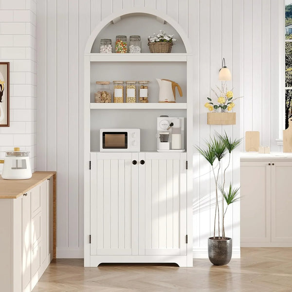 72'' Tall Farmhouse Bookcase, 5 Tier Arched Bookshelf with Double Doors & Adjustable Shelf, Display Storage Shelves, for Bedroom, Living Room, Home Office H6779