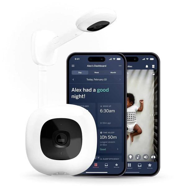 Smart baby monitor and wall-mounted device - 1080p security Wi-Fi video camera, sensor-free sleep and breathing motion tracker, two-way audio, sound and motion alerts, night vision function, breathing band - white H7284