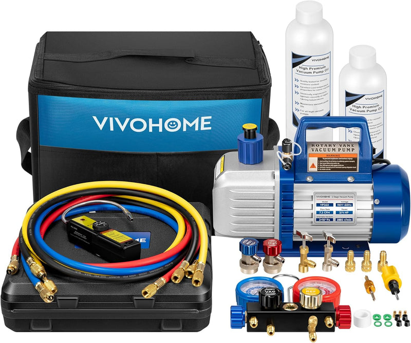 110V 1/4 HP 3.5CFM Single Stage Rotary Vane Air Vacuum Pump and AC Manifold Gauge Set Kit with Thermometer for R134a R12 R22 R502 R410a HVAC Air Conditioning Refrigeration Recharging Red N6918