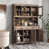 78.5-inch high kitchen cabinet storage unit, large storage cabinet with glass doors, equipped with drawers and adjustable shelves. The wooden kitchen storage unit has a microwave shelf, suitable for a home coffee bar.