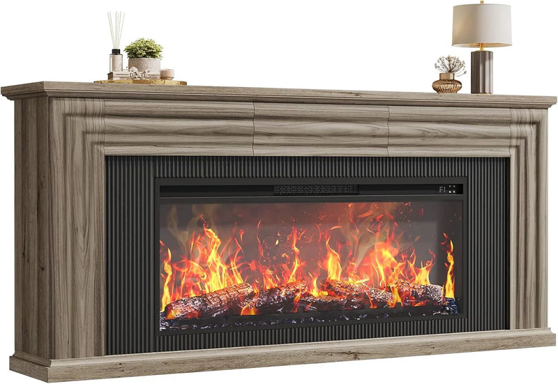 75-inch wall-mounted TV cabinet, rustic modern entertainment center with fireplace, 70-inch media cabinet with 3 drawers, featuring a recessed design, suitable for the living room, black version J8389
