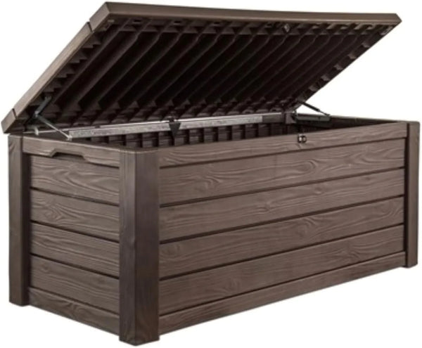 Outdoor storage deck box, 150-gallon resin deck storage box and bench, with wood-grain design, in brown color scheme C5563