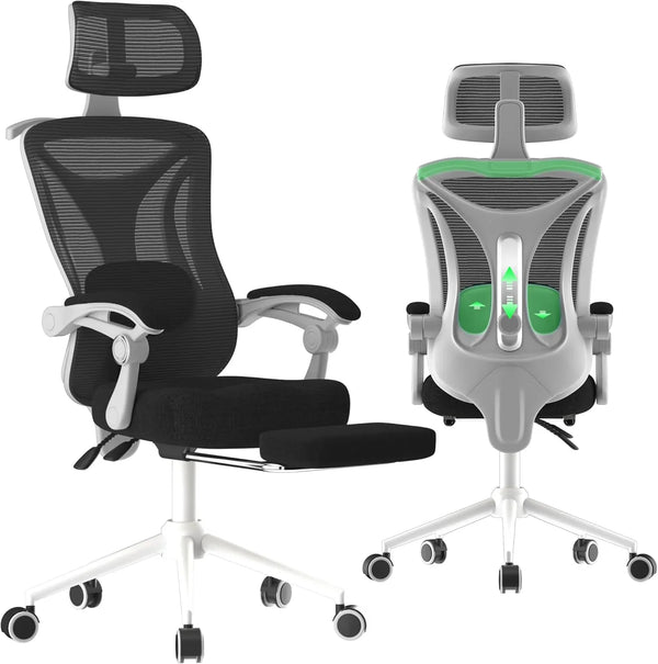 Ergonomic Office Chair - Adjustable Lumbar & Headrest, 90-160° Reclining with Footrest, Breathable Mesh Back - Home Office/Gaming Computer Chair (Black, 300lbs Capacity) M3065