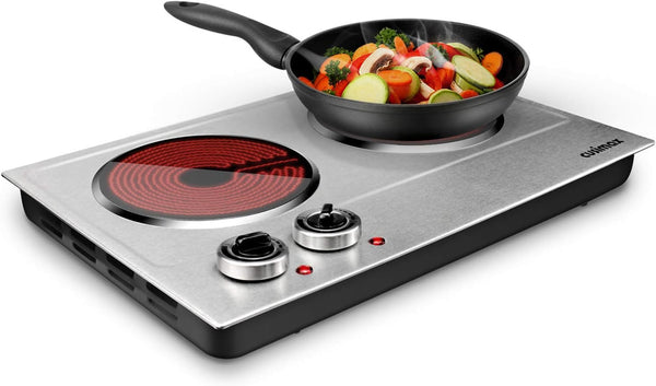 Hot Plate,1800W Ceramic Electric Hot Plate for Cooking, Dual Control Infrared Cooktop, Portable Countertop Burner, Glass Plate Electric Cooktop, Silver, Stainless Steel O5646