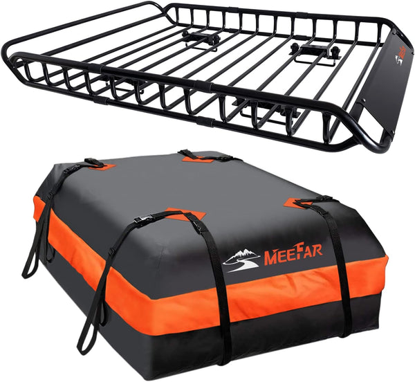 Roof Rack Carrier Basket Universal Rooftop 51" X 36" X 5" Waterproof Bag 15 Cubic Feet (44" 34" 17"), and Cargo Net with Attachment Hooks, Ratchet Straps G7566