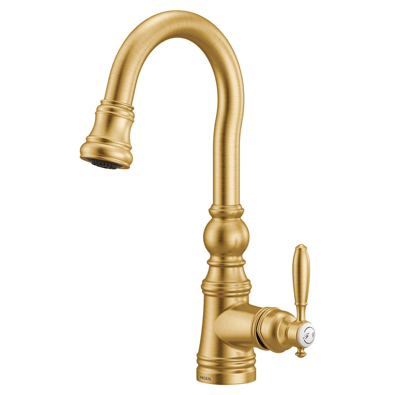 Weymouth Single Handle High Arc Pull Down Sprayer Kitchen Faucet with Power Clean, Brushed Gold N9407