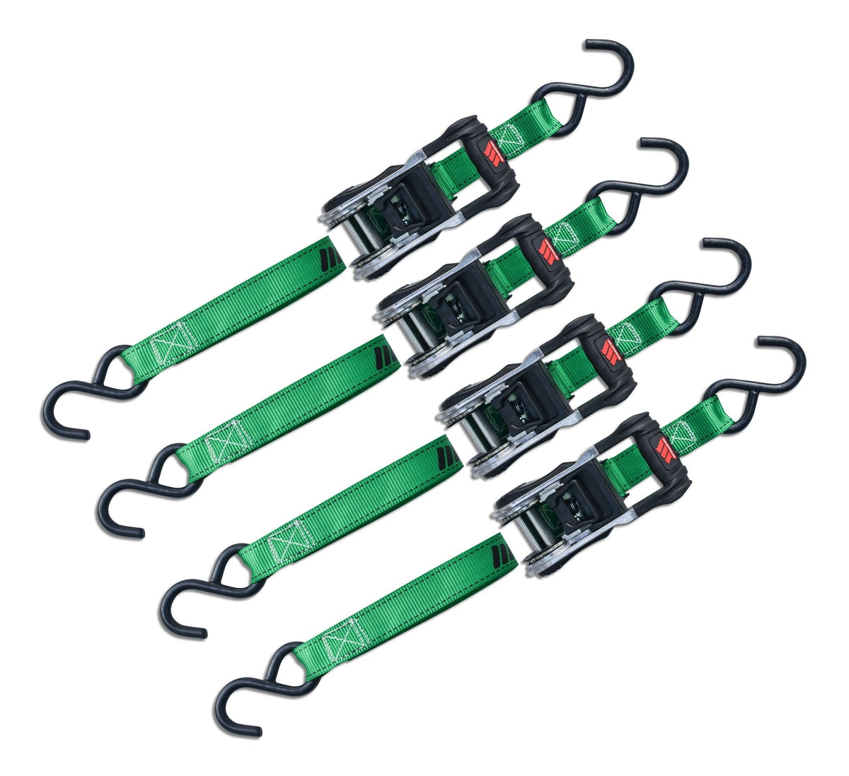 1,500-lb Ratchet Tie Down, with Padded D-Handle, 1-in x 14-ft, 4-pk, Green
