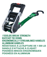 1,500-lb Ratchet Tie Down, with Padded D-Handle, 1-in x 14-ft, 4-pk, Green