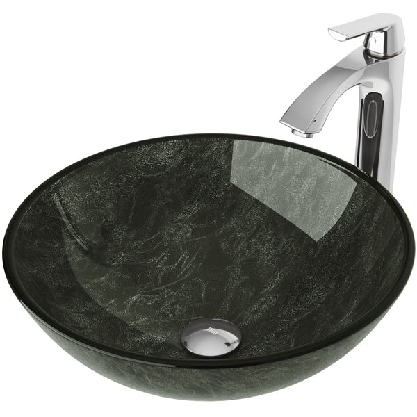Glass Grey Onyx Bathroom Sink/Basin Set with Linus Faucet and Round Vessel N1704
